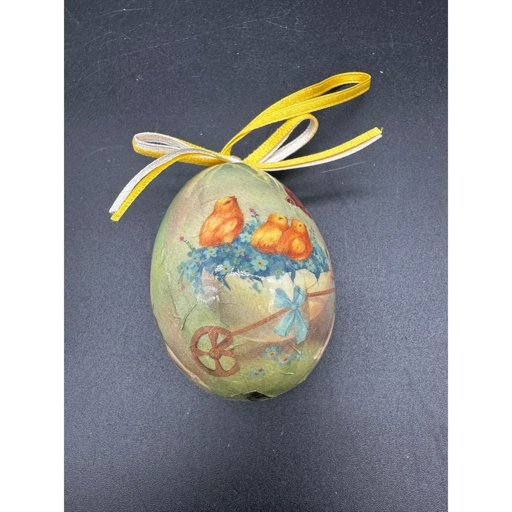 Vintage Paper Mache Easter Egg Ornament Chicks Flower Cart‎ Hanging Spring Egg